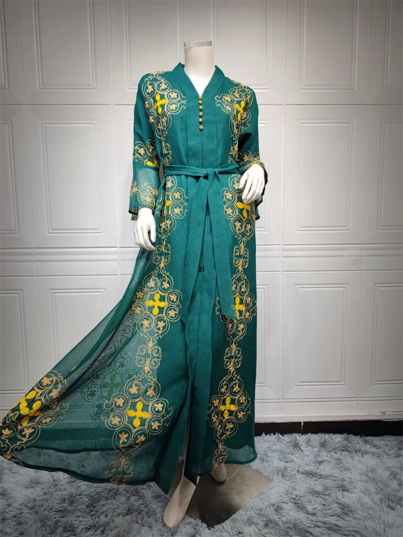 Kaftan Morocco Fashion 2022 Autumn Winter Embroidered Long Dress Muslim Abayat Casual Split Hem Ladies Dresses With Belt