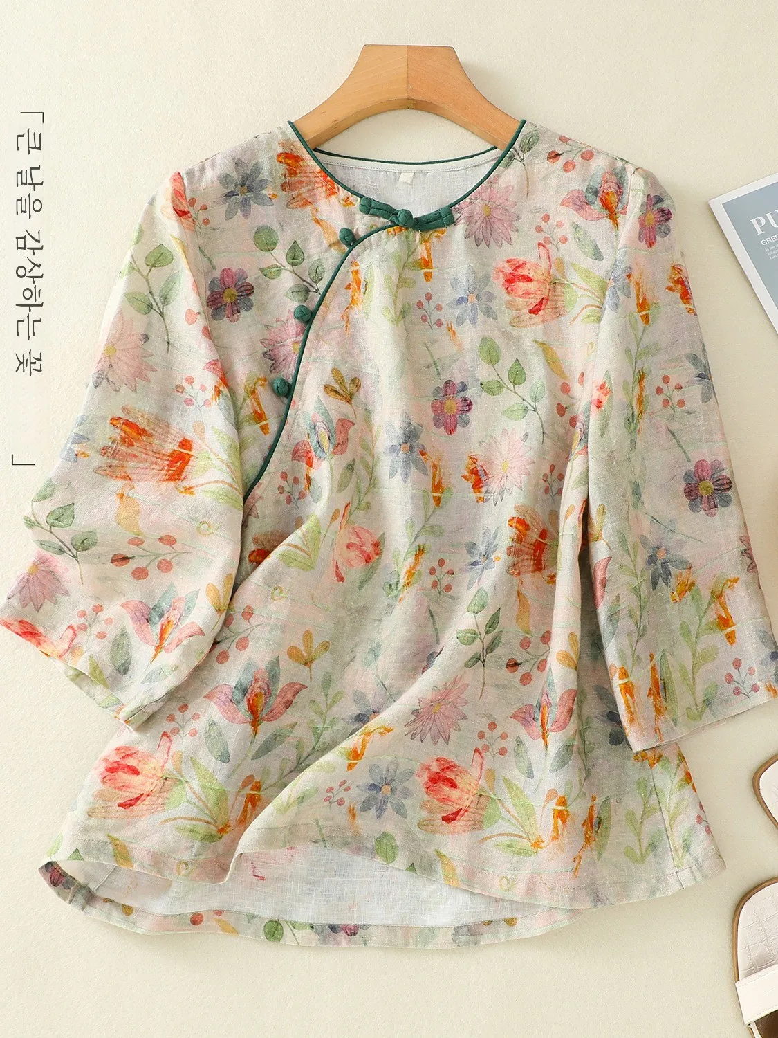 Рубашка женская из хлопка и льна с диагональными пуговицами круглым вырезом