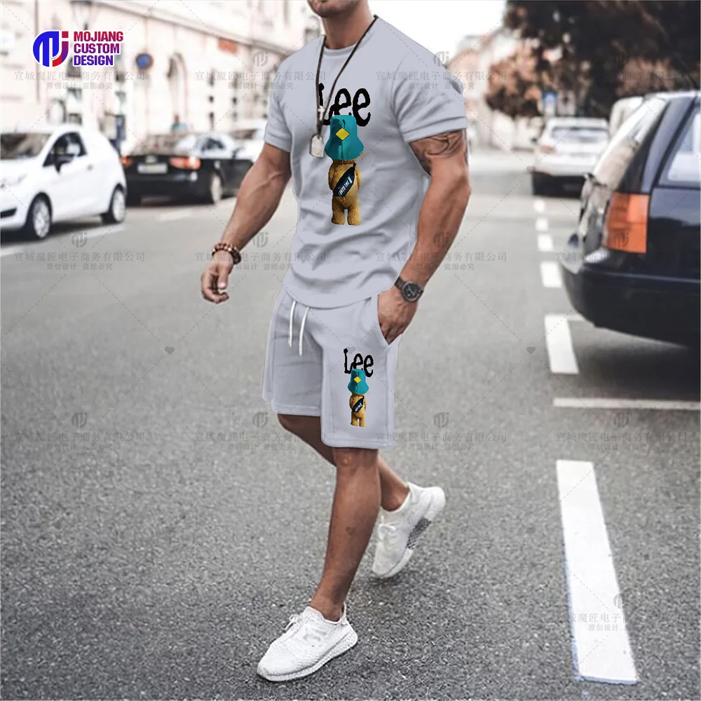 Summer 2023 Luxury Brand Men's T-shirt Shorts Oversized Short-Sleeved Cartoon Bear Print Casual Loose Top Shorts Two-Piece Set