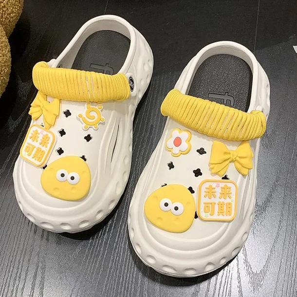 

6.5CM Platform Women Cartoon Cheese Yellow Bow Tie Vented Clogs Sandals Summer Outdoor Slippers Beach Slides Brand Soft Shoes