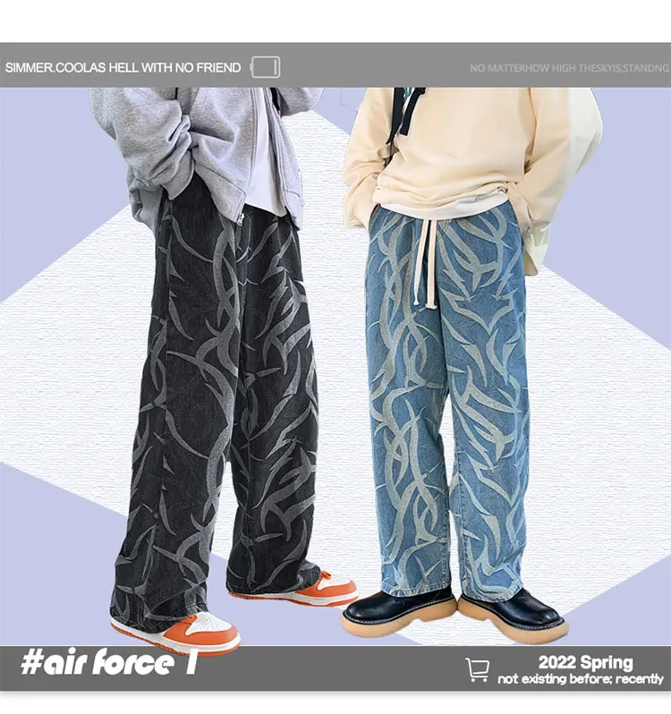 New Y2K Men's Printed Denim Pants Straight Casual Jeans Fashion Streetwear Japan Style Retro Drawstring Mopping Trousers Casual