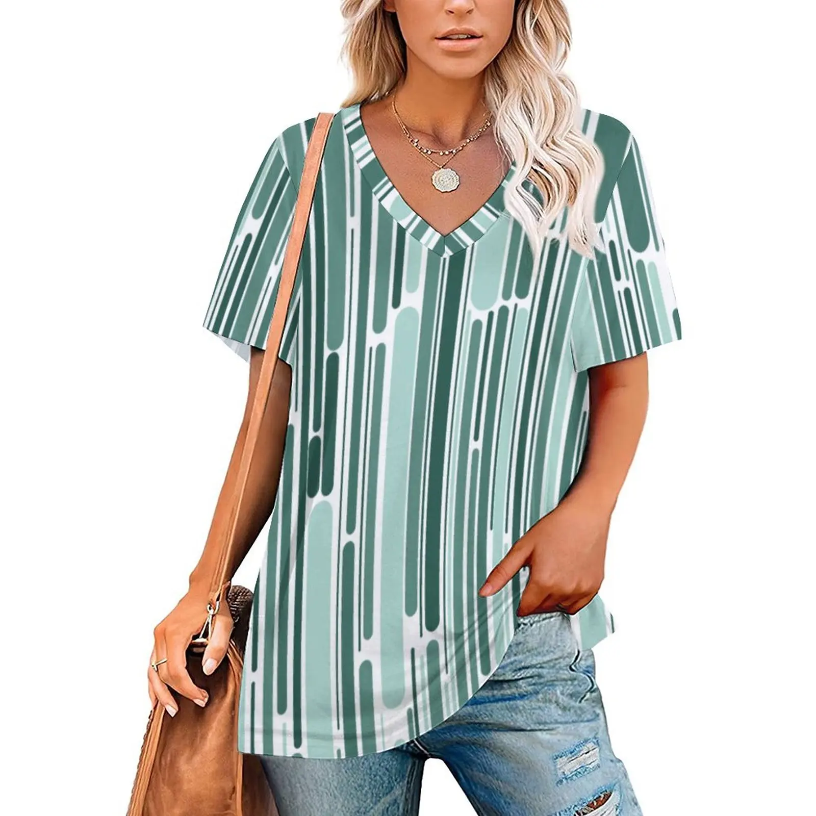 

Retro 70S Green Line T Shirt Abstract Geometric Retro T-Shirts V Neck Short-Sleeve Graphic Tops Street Style Tees 2XL 3XL 4XL