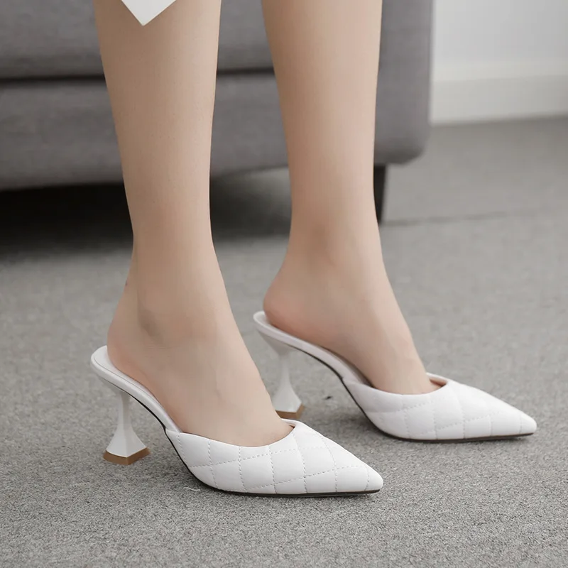 

Thin Heels Female Shoes Heeled Mules Ladies' Slippers Pointed Toe 2022 High PU Fabric Rubber Rome Strange Style Basic Slides