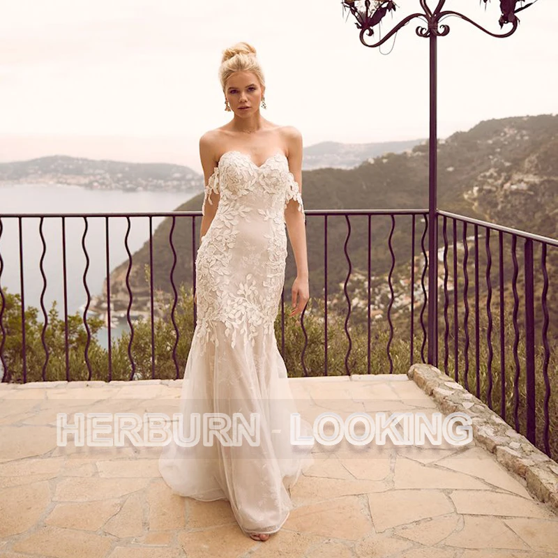 

HERBURNL Sexy Strapless A-Line Appliques Wedding Dress For Women 2022 Mermaid Bridal Ladies Party Floor-length Robe De Mariée