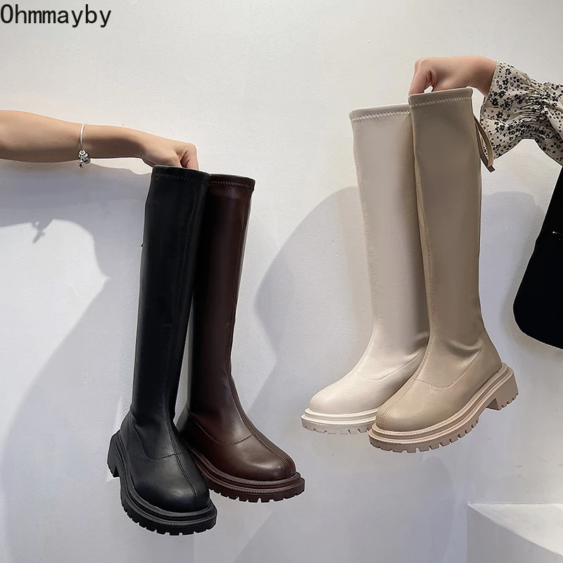 

Slim Thigh High Boots Platform Women Thick Sole Knee-High Boots Women Shoes Black Winter Leather Long Motorcycle Boots Women
