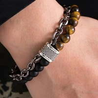 mens natural tigers eye stone obsidians bracelets 8mm beads stainless steel link chain bracelet