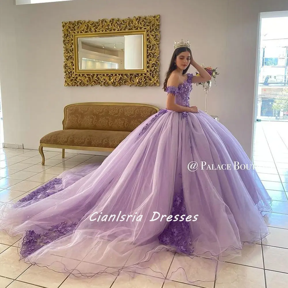 

Lilac 3D Flowers Pearls Beading Corset Quinceanera Dresses Ball Gown Off The Shoulder Appliques Sweet 16 Vestidos De 15 Años