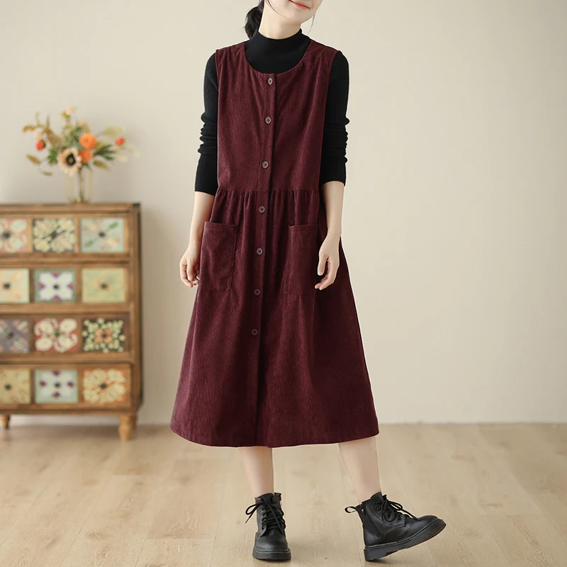 # 6917 осенне-зимнее платье-майка без рукавов женское однобортное платье с круглым