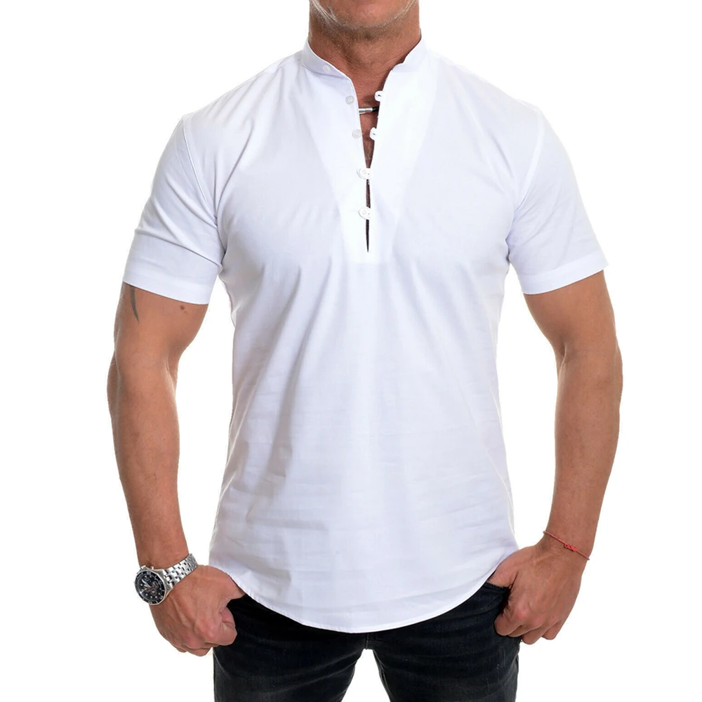 

Men's Summer Casual Basic Tops Tees Simple Solid Color Stand Collar Buckle Short-sleeved T-shirt Men's Camisetas Para Hombre