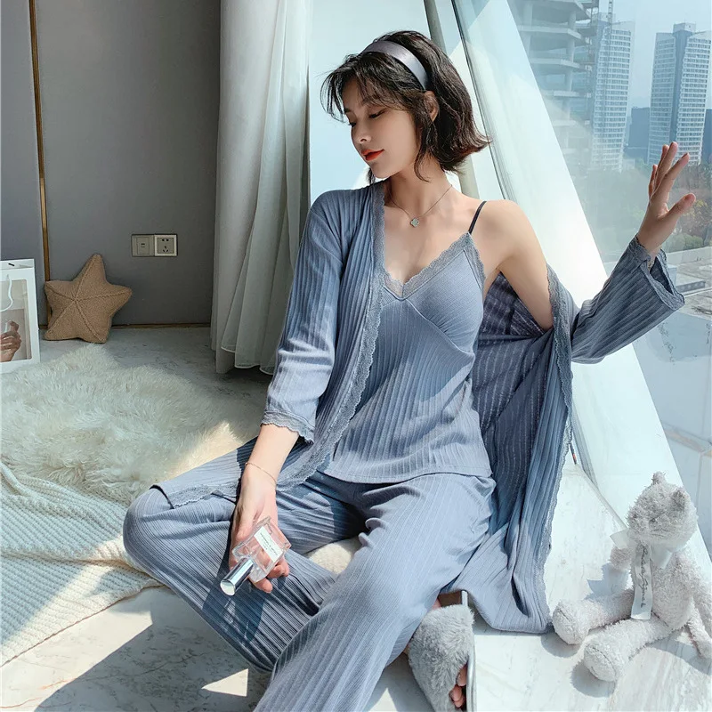 Cotton Pajamas For Women Sexy Lace Trim Pyjamas Spring Autumn Sleepwear 3 Pieces Lounge Sets Ladies Robe Pijama Homewear
