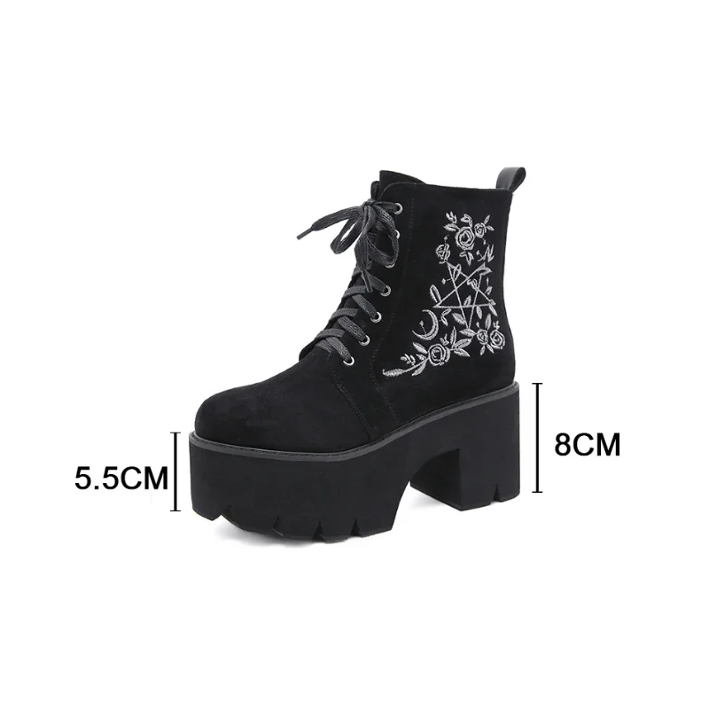Fashion Flower Platform Boots Big size Chunky Punk Suede Leather Womens Gothic Shoes Nightclub Lace Up Back Zipper High Quality