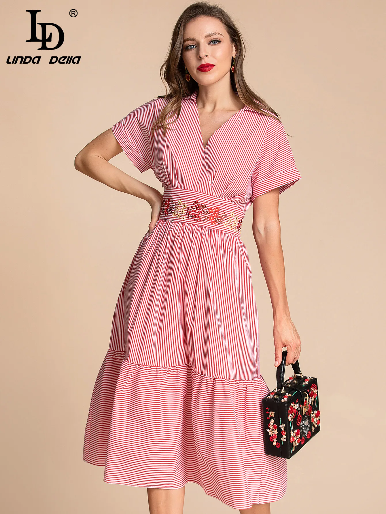 

LD LINDA DELLA Fashion Designer Summer Dress Women V-Neck High waist Flowers Embroidery Stripe Printed Vintage Party Midi Dress