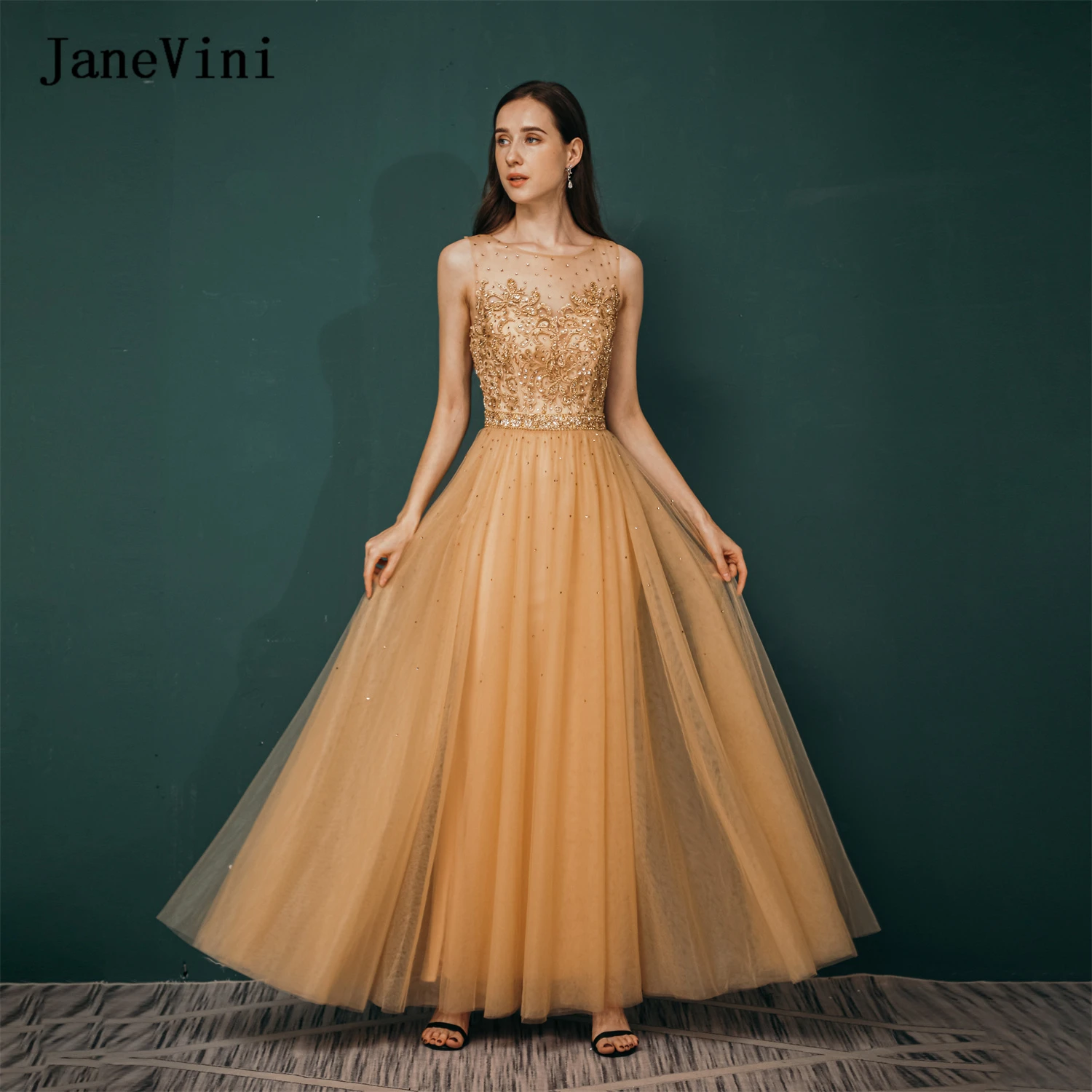 

JaneVini 2022 Luxurious Gold Maxi Prom Dresses for Women O Neck Sequined Beaded A Line Tulle Long Party Dress Vestido De Noche