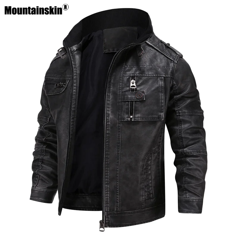 

Mountainskin 2021 Men's PU Leather Jacket Casual Thick Motorcycle Leather Jacket Winter Windproof Coat EU Size Male SA955