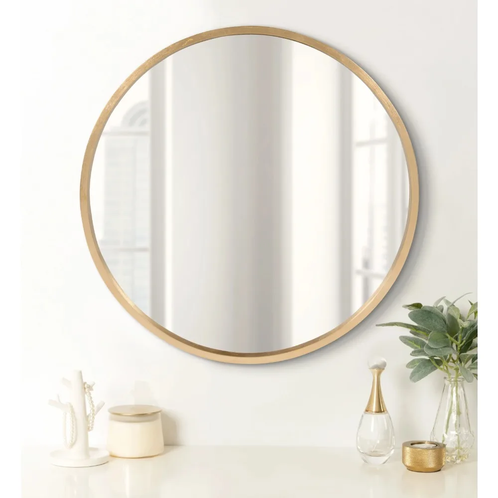 

Round Wood Wall Mirror, 21.6 Inch Diameter, Gold, Contemporary Glam Wall Décor Accent With Deep Profile and Sophisticated Finish