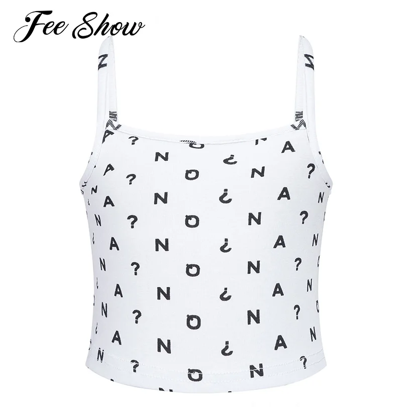 

Fashion Kids Girls Letters Print Spaghetti Straps Vest Crop Top Cami Top Breathable Sport Dance Top for Jazz Dance Gym Workout
