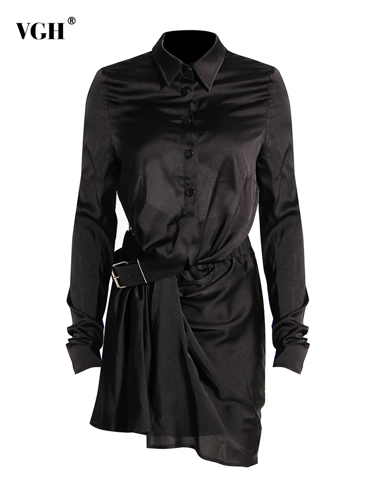 

Женский комплект из двух предметов VGH, черная рубашка с отложным воротником и длинным рукавом, Асимметричная мини-юбка с вырезами, 2022