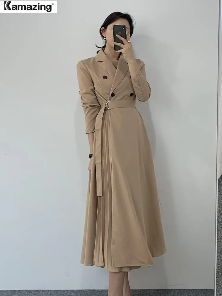 

Autumn Women Elegant Pleated Shirt Dresses Full Sleeve Slim Double Breasted Sashes Dress Chic Female Office Lady Maxi Vestidos