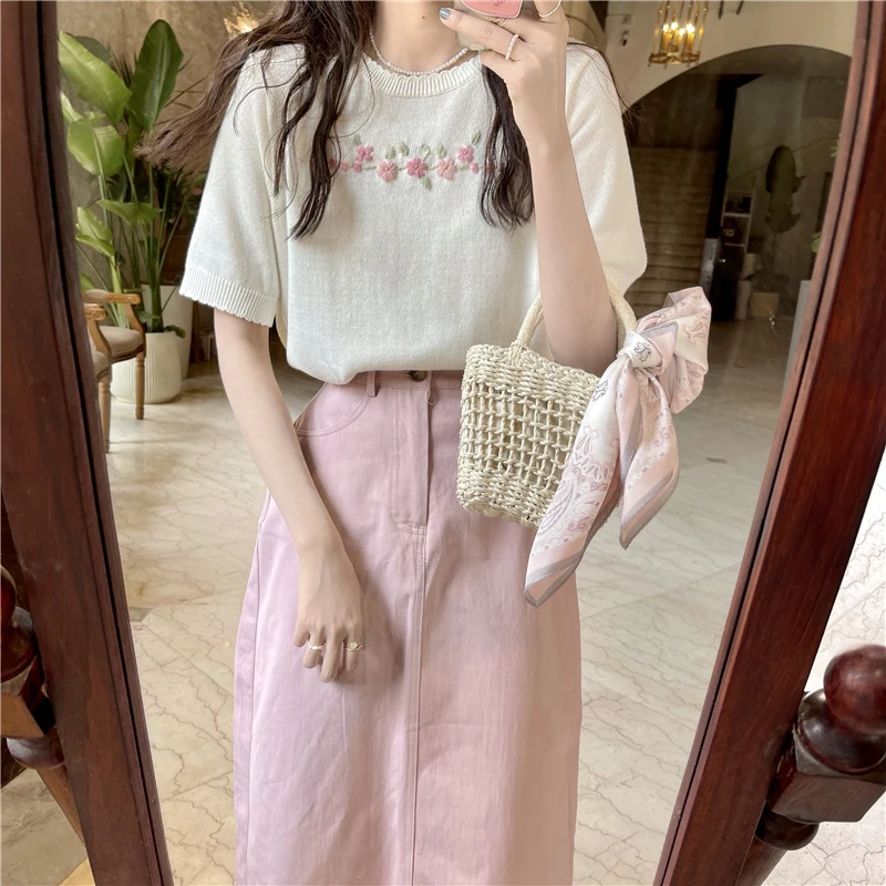 

Sweet Knitted Tops Women Summer Prairie Chic Floral Embroidery Loose Tee Cute T Shirt Sweet Girl Kawaii Clothes