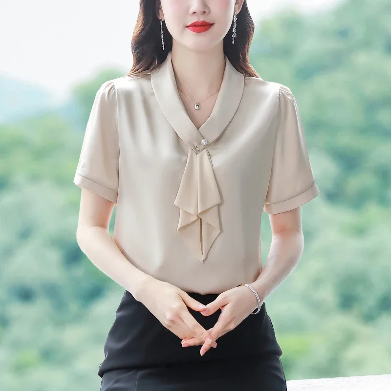 Женская шифоновая блузка с коротким рукавом V-образным вырезом