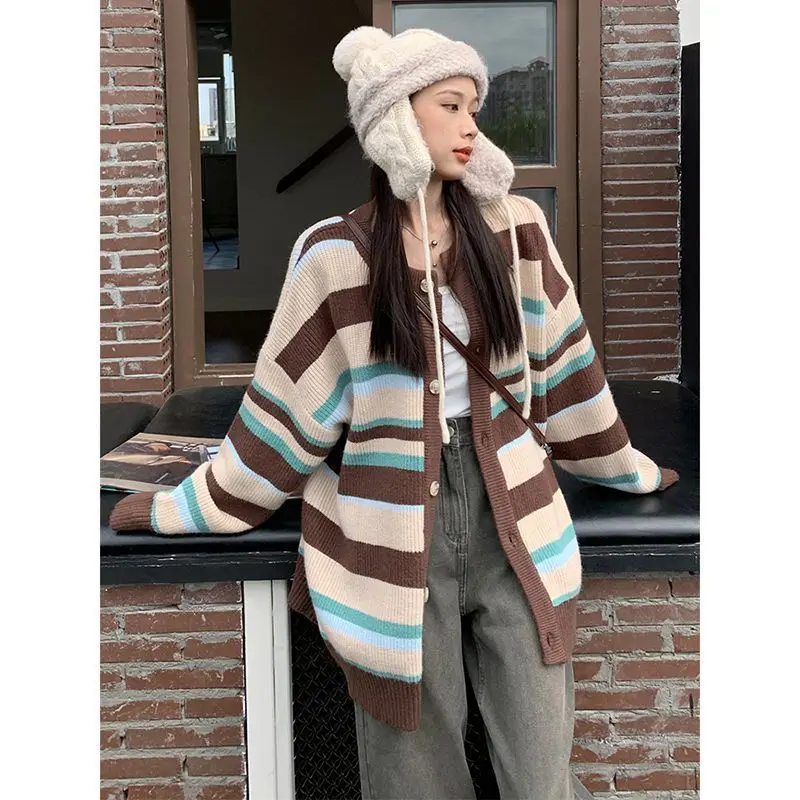 

203 Women Autumn Winter New Vintage Striped Sweater Coats Female Loose Round Neck Cardigan Ladies Casual Knitted Jackets A347