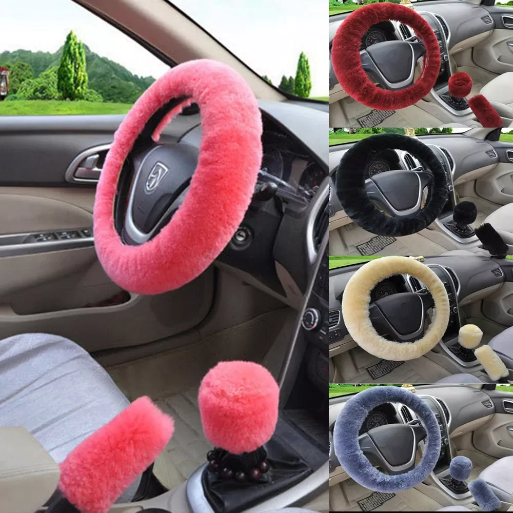

Plush Spring Steering Wheel Cover Kit with Stop Lever Hand Brake Wool Cover Winter Warm Car Accessories