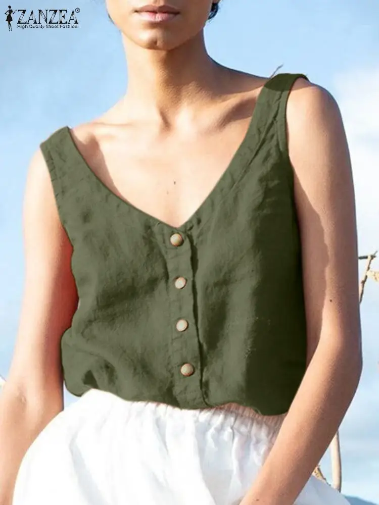 

ZANZEA Women Tank Tops 2022 Oversized Beach Sleeveless Vset Top Elegant V Neck Blouse Fashion Solid Color Ladies Holiday Camis