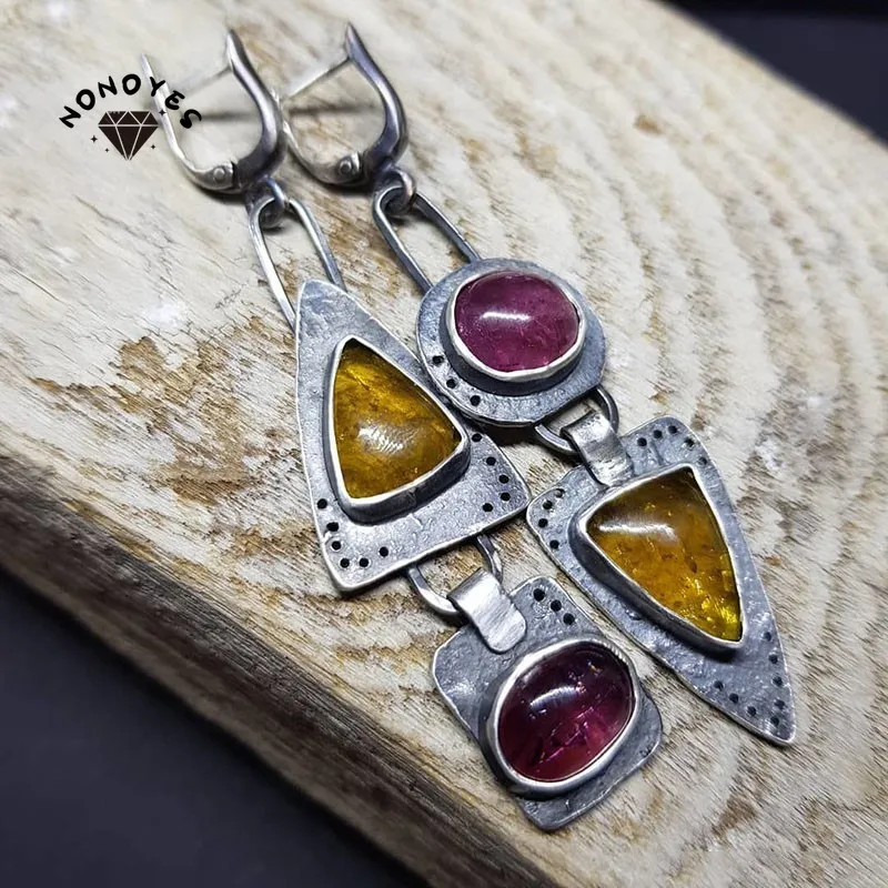 

Большие геометрические Треугольные металлические висячие серьги Nonoyes, фиолетовый камень, желтый, оранжевый цвет, женская бижутерия в стиле ...