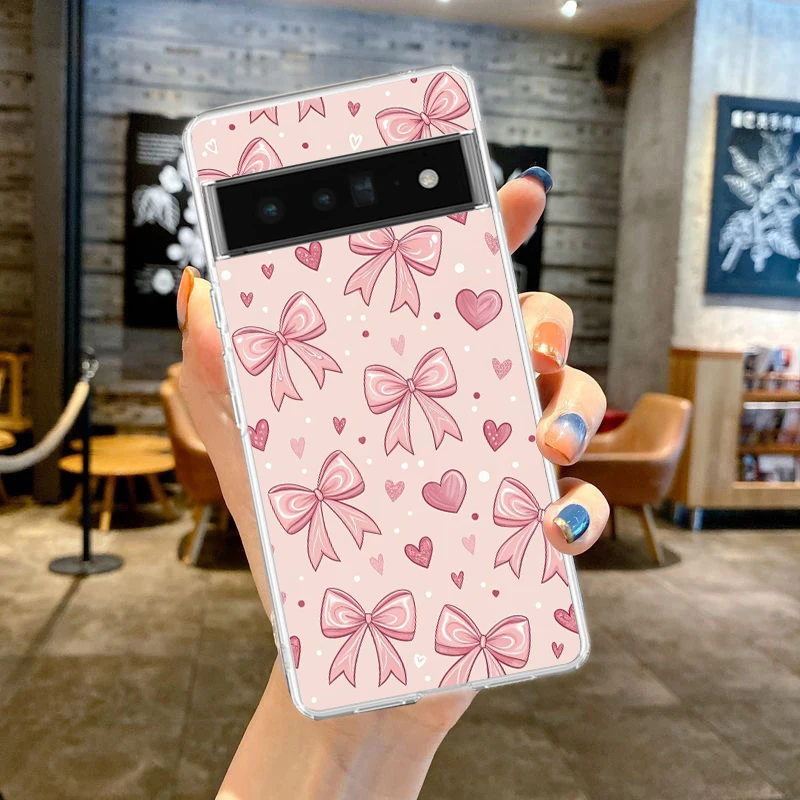 Фото Phone Case For Google Pixel 9 8 7 6 9A 8A 7A 6A 5 4 5A 4A 3A Pro XL Soft Clear TPU Transparent Cover Cute Pink Heart Bow №5
