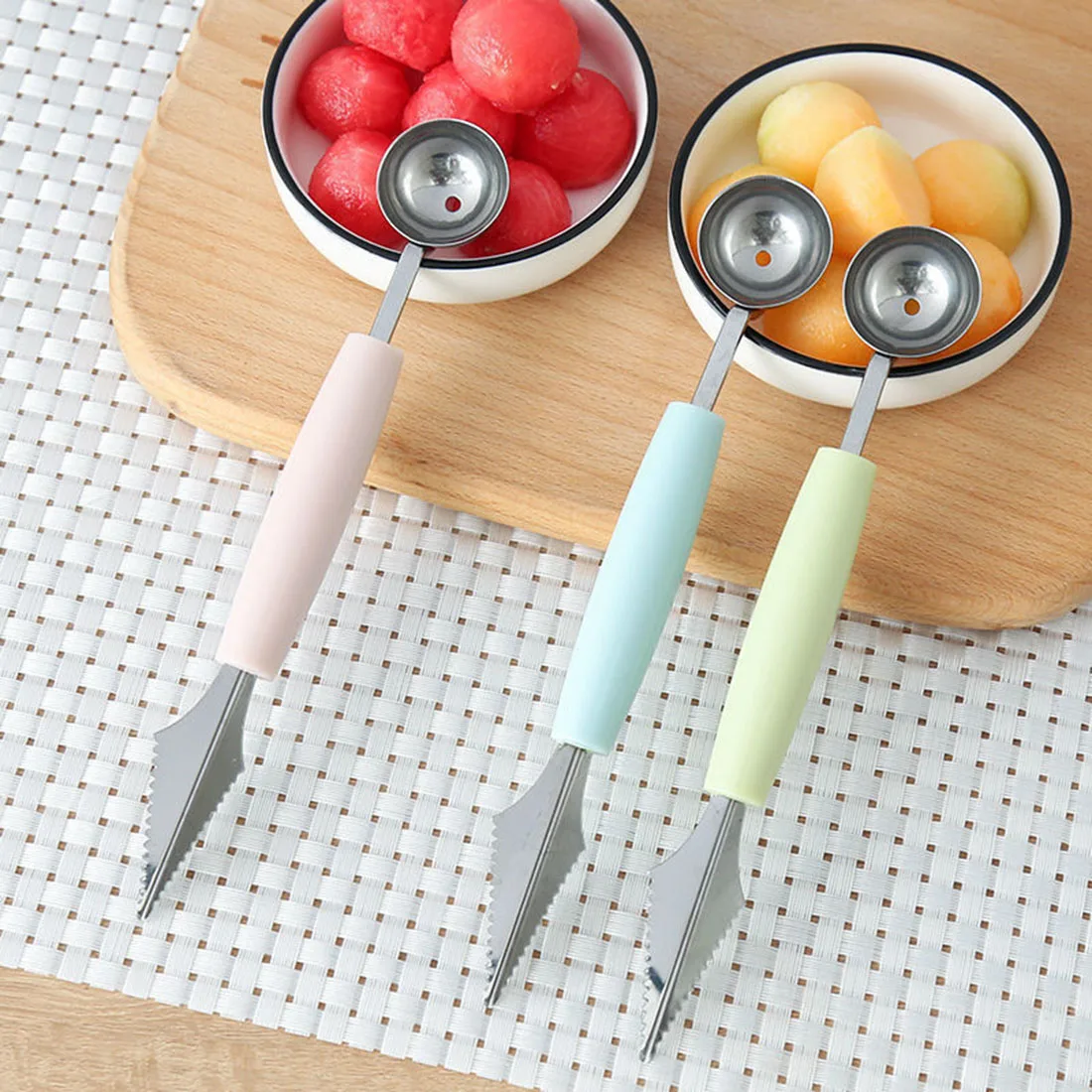 

Double-Head Stainless Steel Fruit Platter Ball Digger Corrugated Carving Knife Watermelon Ball Digger Spoon Fruit Carving Device