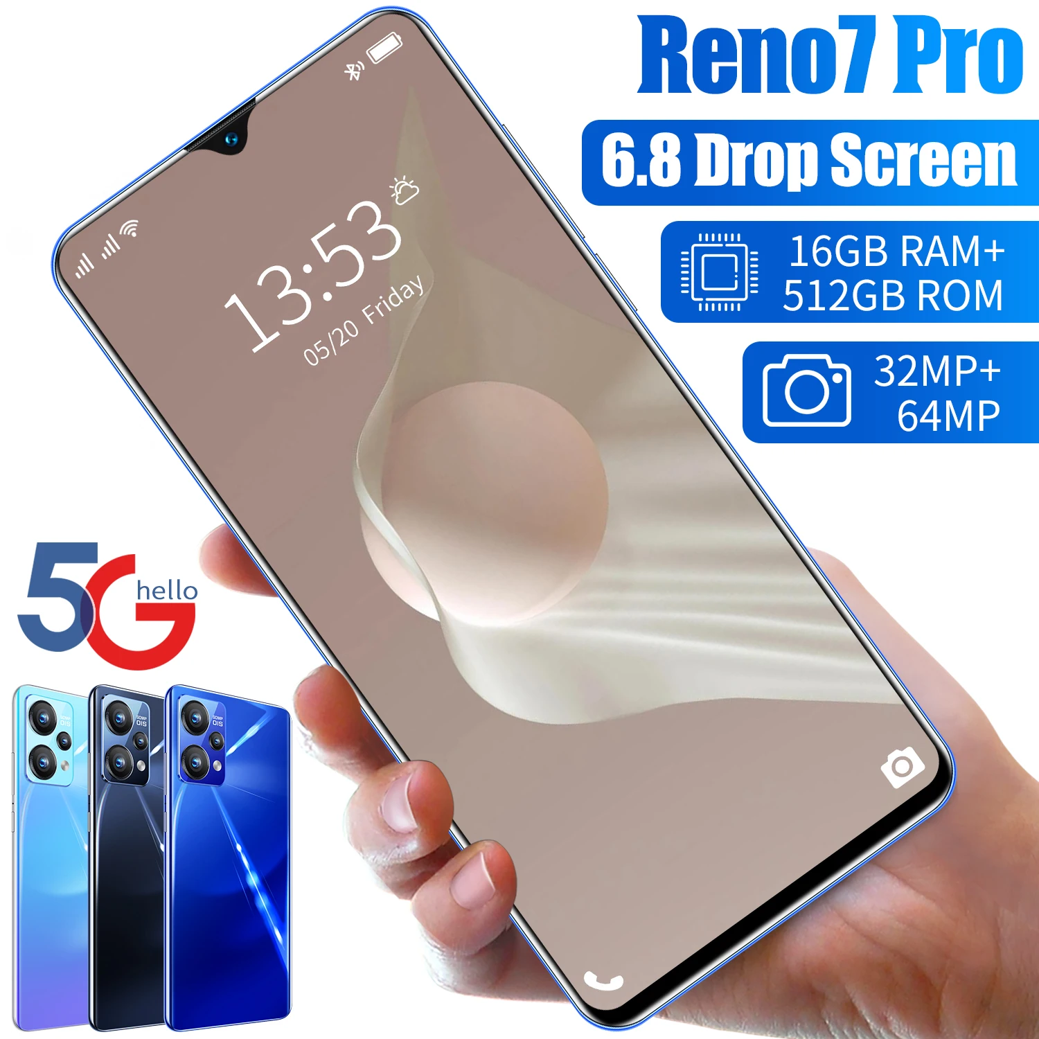 reno7 pro 6 8 inch drop screen 16512gb 3264mp 6800mah android 11 smartphone 10 core mtk6899 fingerprint face id mobile phone free global shipping