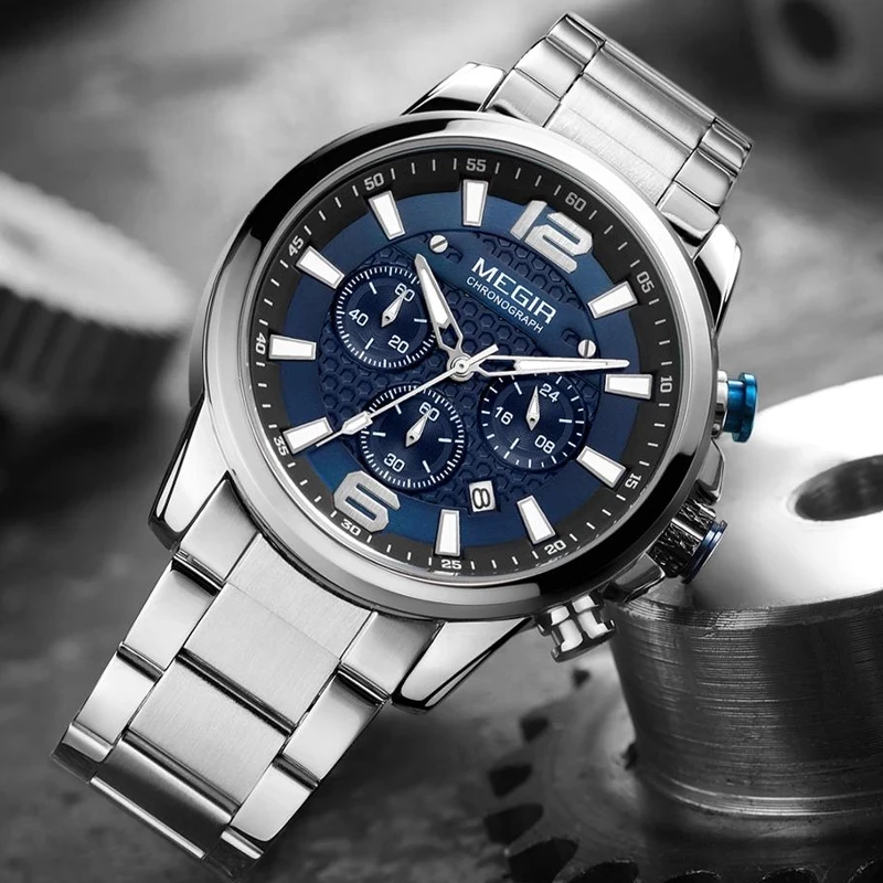 

MEGIR Luxury Watches Men Top Brand Stainless Steel Waterproof Luminous Wristwatch Blue Sports Chronograph Quartz Watch Man 2156