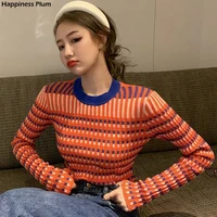 striped pullovers women vintage o neck knitwear korean style feminino classic chic slim sweater preppy harajuku autumn design