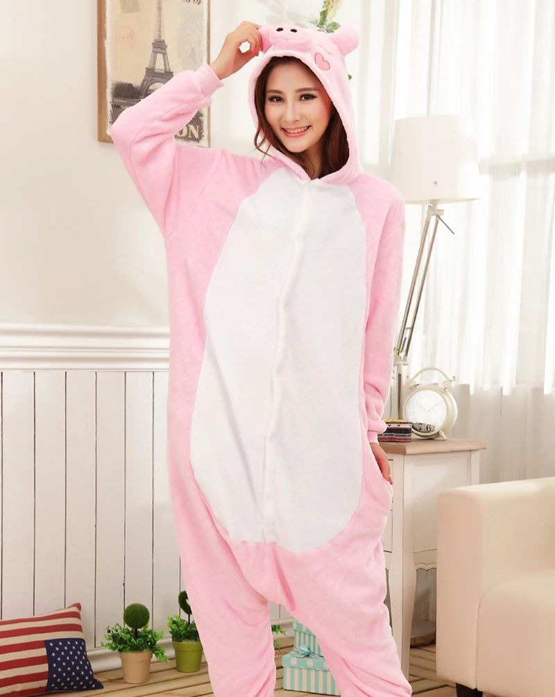 Adults Animal Pajamas Sets Sweet Home Clothes Winter Warm Pink Length To The Floor Cute Cartoon Sleepwear Cosplay Pig Costume