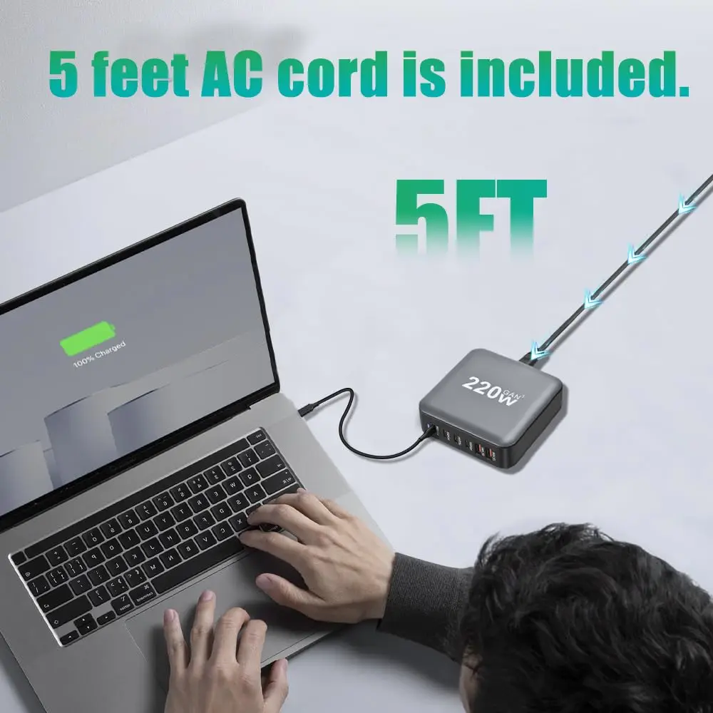 Настольное зарядное устройство GaN 220 Вт 6-портовое USB Type C PD