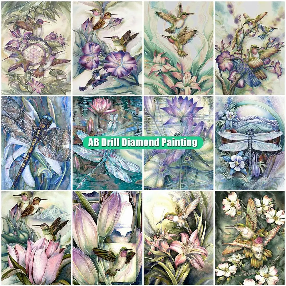 

Алмазная мозаика AB Dirll «сделай сам», животное в виде птицы, полная выкладка, квадратная картина со стрекозой, вышивка крестиком, Цветочный де...