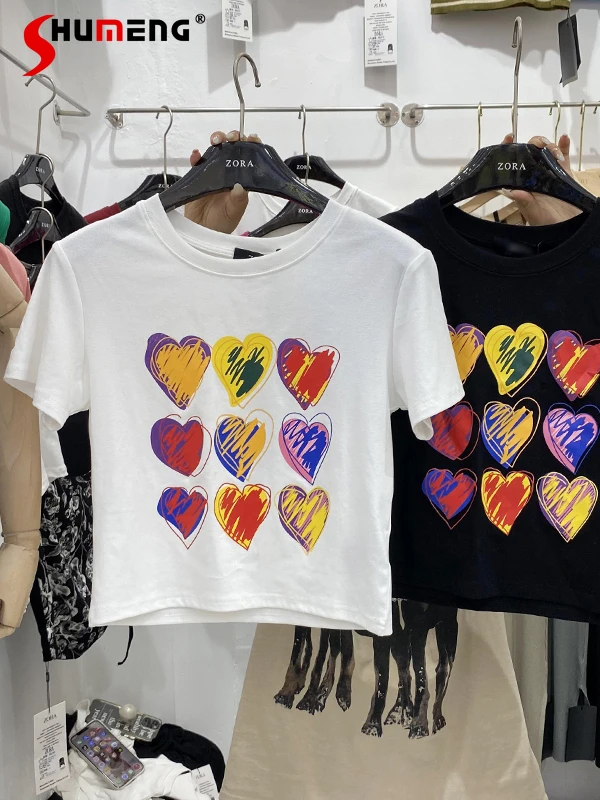 

Korean 2022 Summer New Fashion Hot Girl Short O-neck T-shirt Women's Simple Casual Heart Printed Short Sleeve Pullover Top Tees