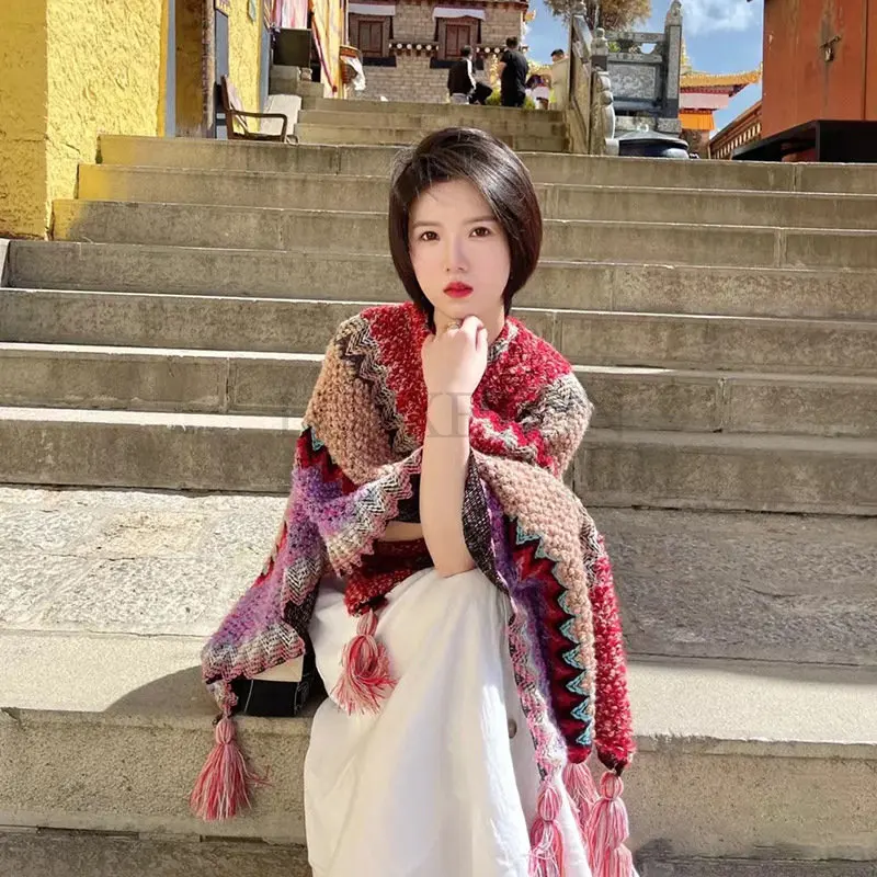 Винтажные вязаные одеяла в стиле Харадзюку шали шарфы женская теплая шаль