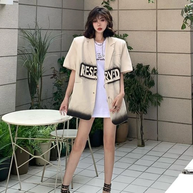 Short Sleeves Blazer Women Casual Letter Print Loose Jacket Spring Summer Coat Korean Fashion Tops Luxury Designer Clothing