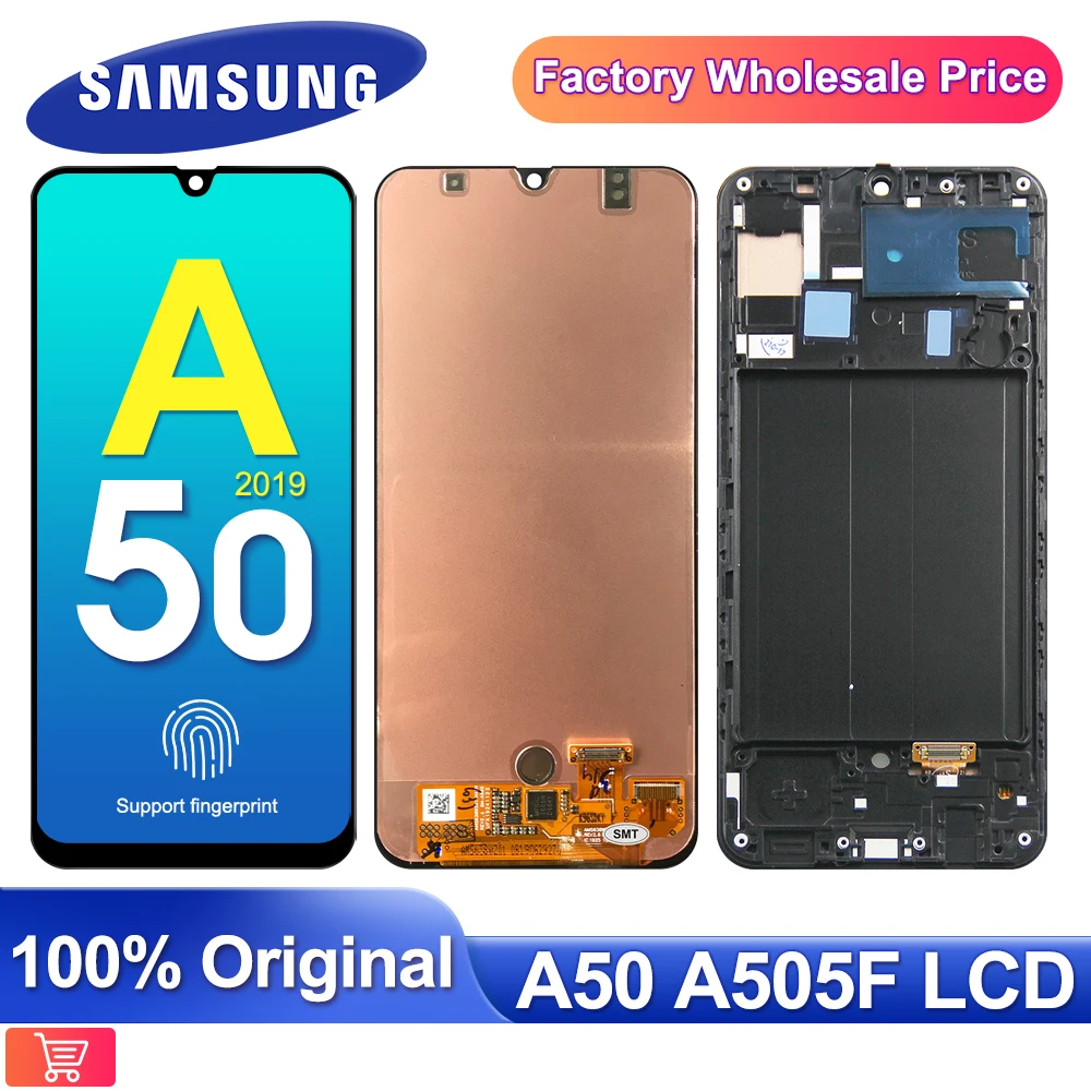 Pantalla táctil LCD Original de 6,4 pulgadas para Samsung Galaxy A50, repuesto con piezas de reparación de marco, SM-A505F, A505FN, A505GN