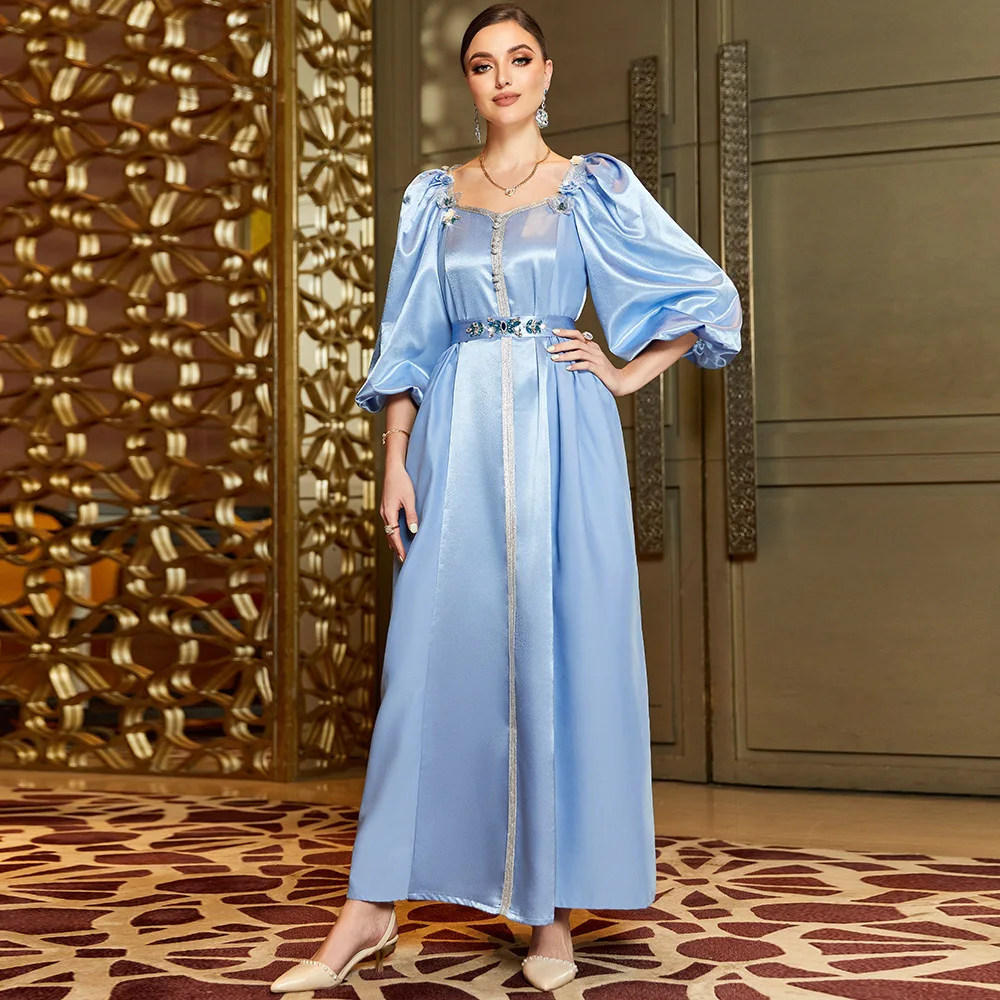

Elegant Shiny Abaya Muslim Women Puff Sleeve Maxi Party Dress Dubai Turkey Kaftan Morocco Belted Caftan Islamic Jalabiya Robe