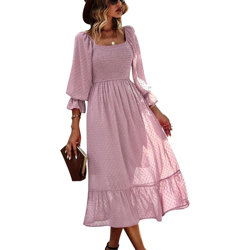 

L5YD Women's Dress Long Sleeves Dot Dress Square Neck Dress Simple Casual Dress