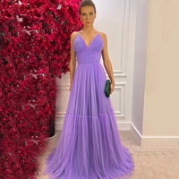 weilinsha lavender a line formal evening dress v neck pleats sweep train floor length open back long sleeveless prom gowns