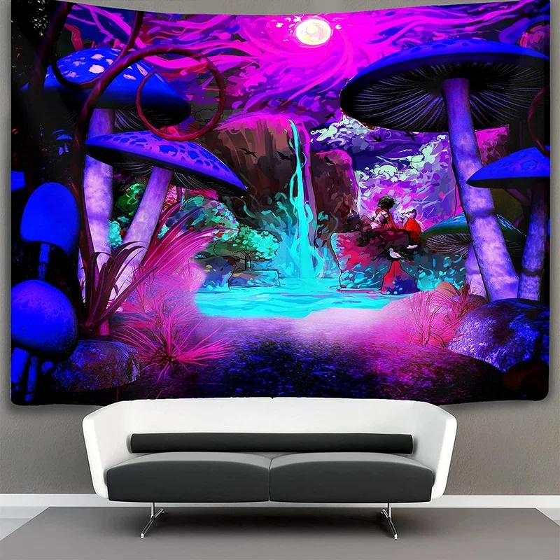 

Black Light Tapestry UV Reactive Fluorescent Mushroom Tapestry Psychedelic Hippie Art Wall Hanging Living Room Home Decor