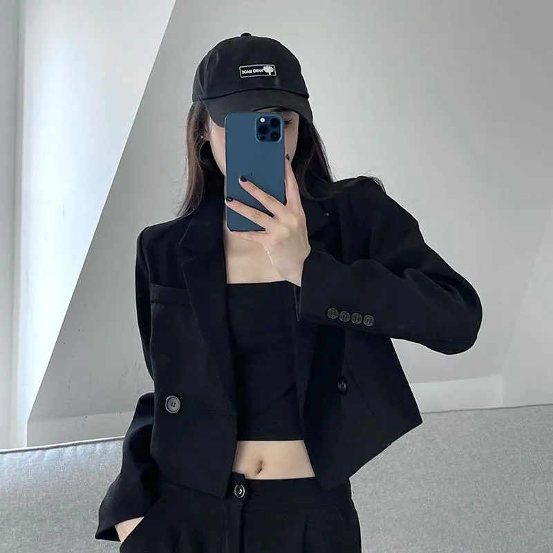 

Женский укороченный пиджак Lucyever, винтажный черный офисный пиджак с английским воротником, повседневный пиджак с длинным рукавом в Корейском стиле