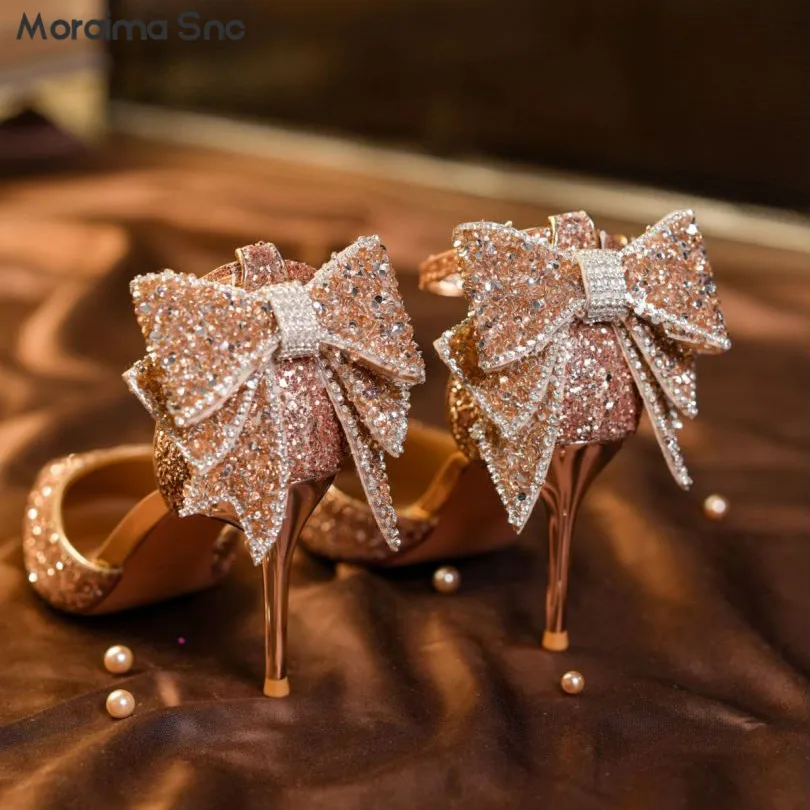 Sequin Butterfly Wedding Shoes Fashion Banquet Pointed Toe Stiletto High Heel Buckle Belt Baotou Pumps Greeter Temperament Shoes