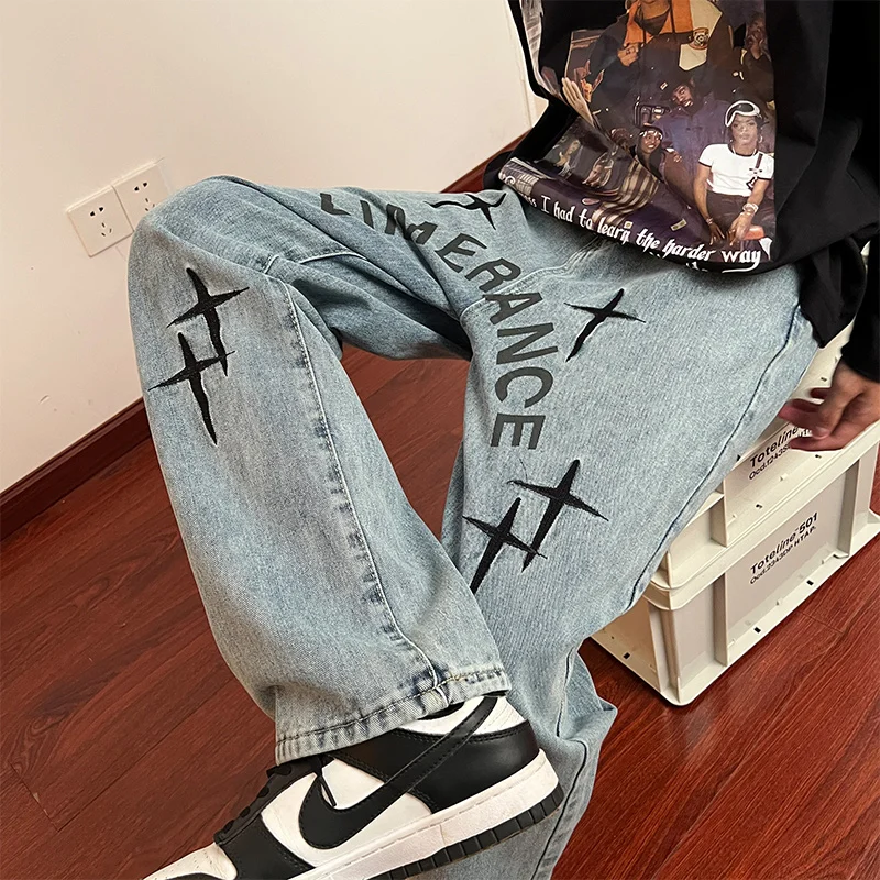 CAAYU 2022 New Baggy Jeans Mens Fashion Harajuku Loose Korean Streetwear Straight Wide Leg Pants Male Clothing Blue Pants Mens