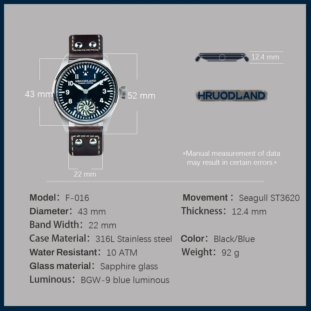 Фото Hruodland 2025 Новые мужские механические часы Seagull ST3620 Retro Pilot 43 мм Bgw-9 Светящийся сапфировый кристалл Турбина Reloj Hombre №2
