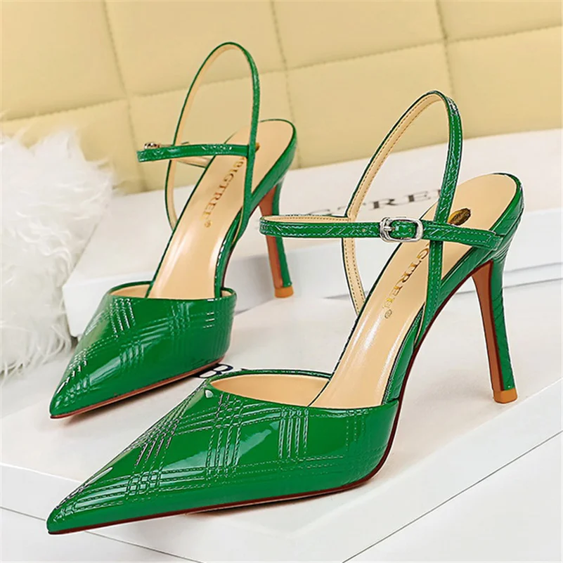 

New Size 34-40 Women 9.5cm High Heels Fetish Silk Peach Sandals Gladiator Summer Nightclub Green Sandles Ankle Strap Prom Shoes