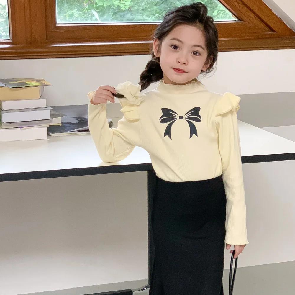 

Children Clothing Set Girls Korean Style 2023 Spring Autumn New Flying Sleeve Long Sleeve T Shirt Black Temperament Skirt Set